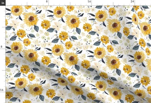 Miniatura 3 de Spoonflower Tela - Verano Girasol Otoño Mostaza Oro Otoño Acuarela Floral Impreso en Tela de Gasa Cuarto Grasa - Costura Ropa de Moda Vestidos