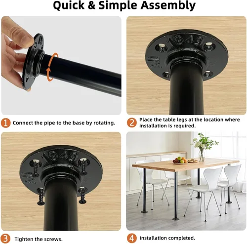 Miniatura 5 de GeilSpace Patas de mesa de tubo industrial de 12 pulgadas, patas de escritorio de metal negro rústico con bridas resistentes, juego de 4 para mesa