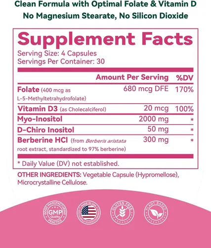 Miniatura 9 de Suplemento de inositol para mujeres, mio-inositol y D-Chiro inositol 40:1, bienestar reproductivo con berberina, MTHF folato y vitamina D3, apoya