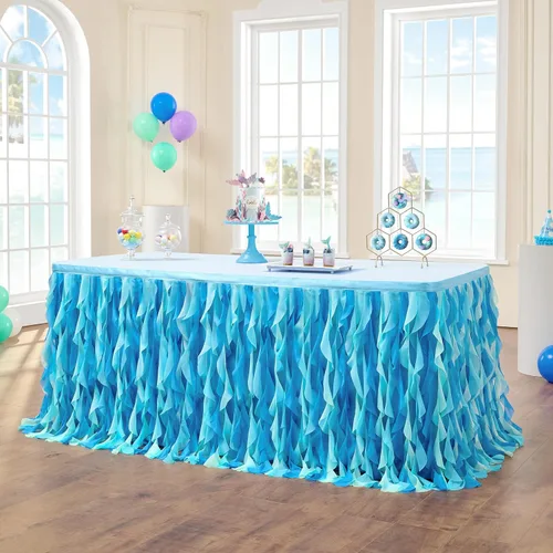 Miniatura 6 de Leegleri - Falda de mesa de tul con volantes de sauce rizado de 6 pies para mesas rectangulares o redondas, falda de mesa tutú azul océano bajo