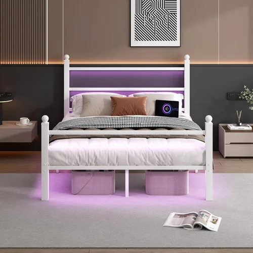 Miniatura 8 de CLIBFENG Base de cama individual con cabecera y estribo, listones de acero, base de cama LED con estación de carga USB, base de colchón