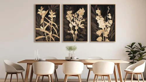 Miniatura 4 de Arte de Pared Enmarcado Rústico Grande - Cuadros de Lienzo Negro con Ramas de Flores Marrones con Marco Flotante Natural, Decoración Retro de Hojas