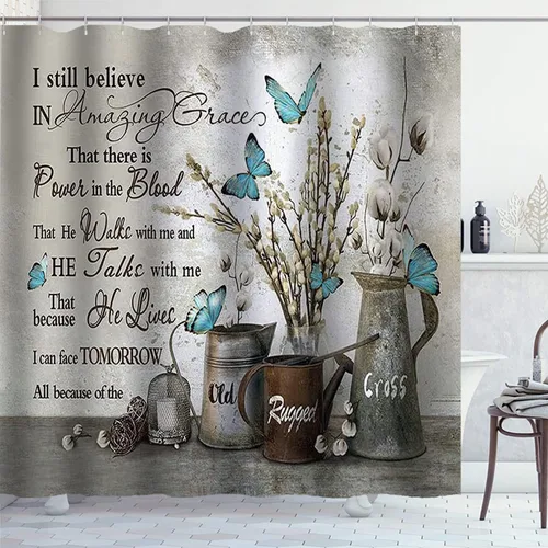 Miniatura 3 de Namdeva Cortina de ducha rústica de granja, diseño de mariposa azul, flores de algodón blanco, citas inspiradoras, estilo shabby chic, decoración