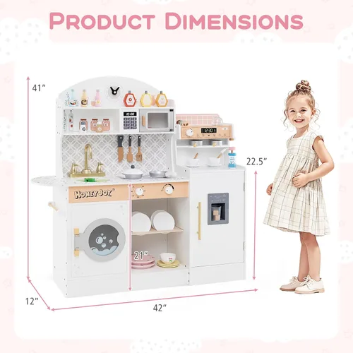 Miniatura 9 de HONEY JOY Juego de cocina para niños, juego de cocina de juguete de madera con luces, cafetera, microondas, fregadero, máquina de hielo, lavadora