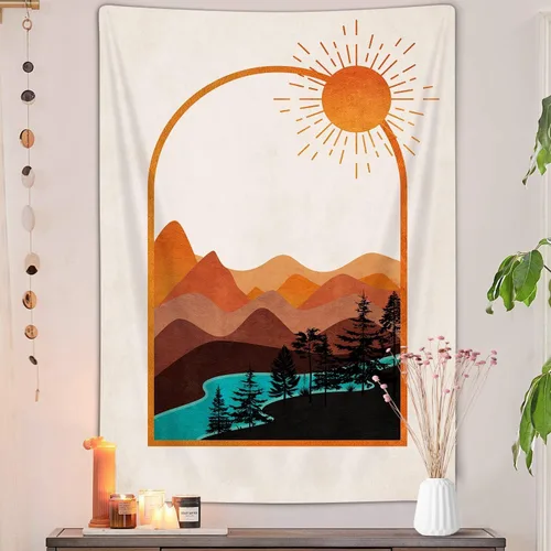 Miniatura 17 de DYNH Tapiz vertical bohemio de montaña, bosque natural, árbol, lago, sol, tapiz bohemio minimalista de mediados de siglo, tapiz para colgar