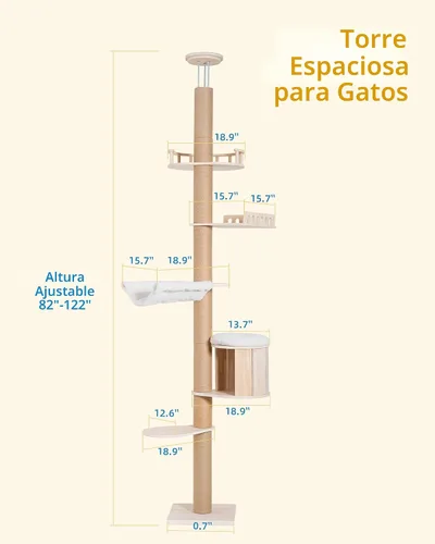 Miniatura 5 de Aechonow Árbol alto de piso a techo para gatos grandes, torre para gatos con poste rascador, altura ajustable (82-122 pulgadas), cama cueva grande