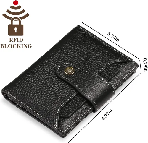Miniatura 3 de FALAN MULE Cartera pequeña para mujer, de piel auténtica, plegable, compacta, con bloqueo RFID, pequeña cartera para mujer, ZZE-Elegant Negro