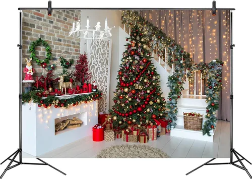 Telón de fondo de fotografía de Navidad de 5 x 3 pies, escena de Navidad, decoración de árbol de Navidad, fondo para fotografía, chimenea de