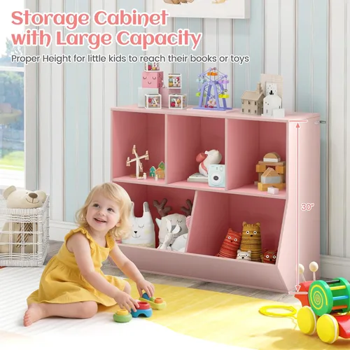 Miniatura 4 de Costzon Organizadores de juguetes y almacenamiento con estantería, estante de madera para libros infantiles de 5 cubículos, gabinete de Rosado