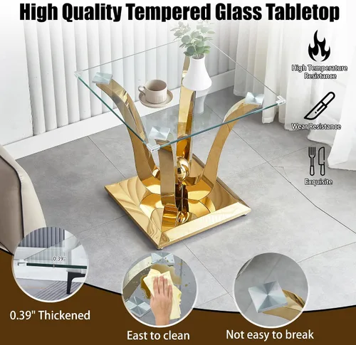 Miniatura 4 de Mesa auxiliar de cristal dorado, mesa auxiliar de lujo con base de acero inoxidable con acabado espejo y parte superior de vidrio templado, mesa
