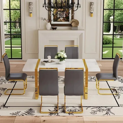 Miniatura 20 de Moderno juego de mesa de comedor para 4, juego de mesa de comedor dorado de 55 pulgadas con 4 sillas de piel sintética negra, mesa de madera negra