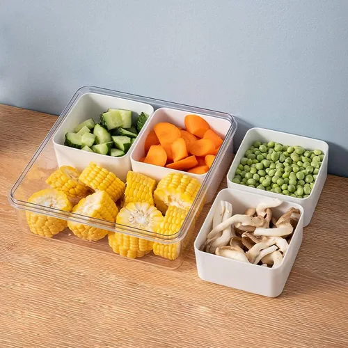 Miniatura 7 de Paquete de 2 bandejas divididas para verduras con tapa, caja para aperitivos, contenedor para servir ensaladas con 4 cajas extraíbles, apilables