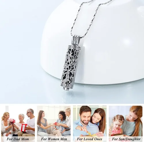 Miniatura 23 de Imrsanl Collar con colgante de urna de cremación con vial de cilindro hueco, urna de recuerdo, joyería de cremación, medallones conmemorativos