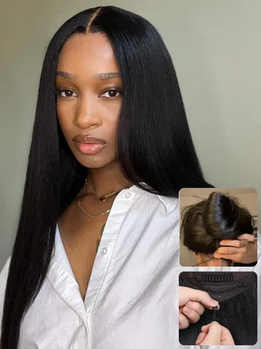 Miniatura 17 de Nadula Pelucas de cabello humano lacio Yaki sin pegamento con encaje frontal de 7 x 5 pulgadas, nudos invisibles, predepilados, pretodo, 3S, listo