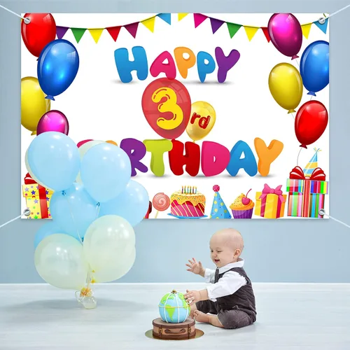 Miniatura 7 de HAMIGAR Fondo de pancarta de feliz cumpleaños de 6 x 4 pies, decoraciones de cumpleaños de 3 años, suministros de fiesta para niñas y niños, colorido