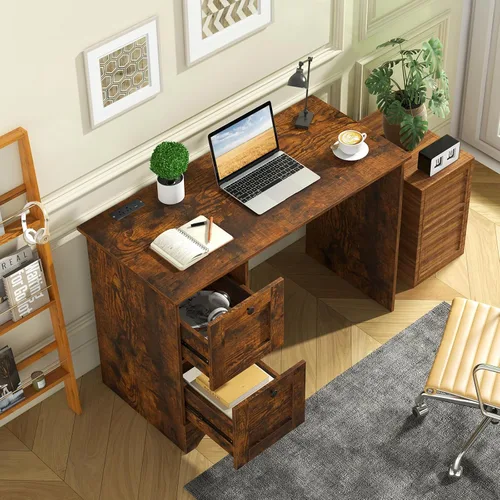 Miniatura 5 de Tangkula Escritorio para computadora con cajones y estación de carga, escritorio de madera para oficina en casa, escritorio para computadora Marrón