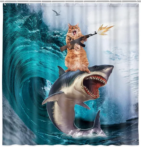 Miniatura 2 de NYMB Divertida cortina de ducha de gato para baño de niños, genial gato montando ballena, tiburón en olas del océano, cortinas de ducha de tela