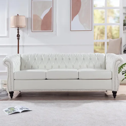 Miniatura 25 de LEVNARY Sillón tapizado de cuero, moderno sofá individual de mediados de siglo con brazos enrollados y cabeza de clavo, silla Chesterfield de piel