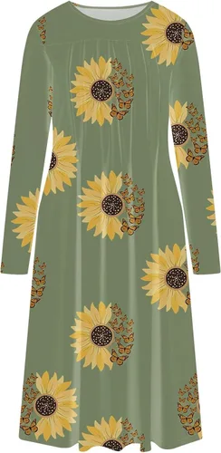 Miniatura 4 de Vestido de manga larga con cuello en V para mujer, con estampado a rayas, con botones, holgado, con bolsillos