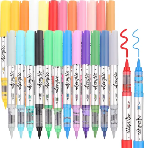 Marcadores de pintura acrílica de 24 colores, bolígrafos de pintura acrílica de doble punta con punta de pincel, tinta a base de agua para pintura