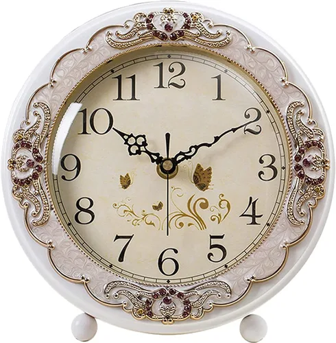 Miniatura 9 de Justup Reloj de mesa vintage, estilo retro europeo sin tictac, reloj de escritorio operado con baterías, movimiento silencioso de cuarzo para Marrón