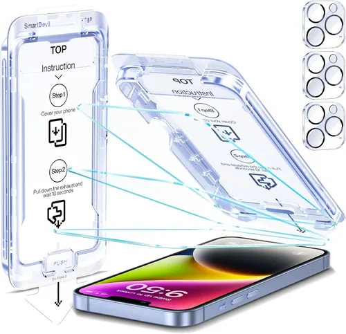 Miniatura 8 de SMARTDEVIL Paquete de 3 protectores de pantalla para iPhone 14 con 3 protectores de lente de cámara, película de vidrio templado transparente 9H