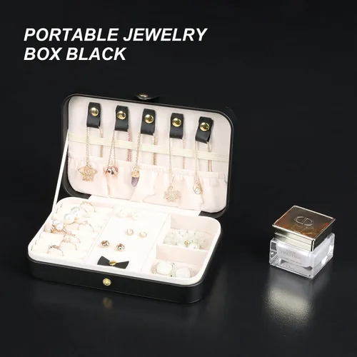 Miniatura 35 de Joyero pequeño, joyero de viaje portátil para mujer, mini organizador de viaje de 2 capas, regalo para mujeres y niñas, negro A
