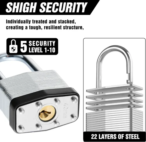 Miniatura 3 de 6 candados con las mismas llaves, acero laminado negro plata (1-9/16 pulgadas, 1.575 in), grillete largo para cobertizos, puertas, vallas, caja