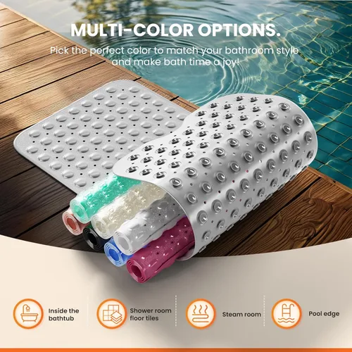 Miniatura 5 de Alfombrilla antideslizante para bañera, extra grande de 39x16 pulgadas con agujeros de drenaje y ventosas, lavable a máquina, color negro