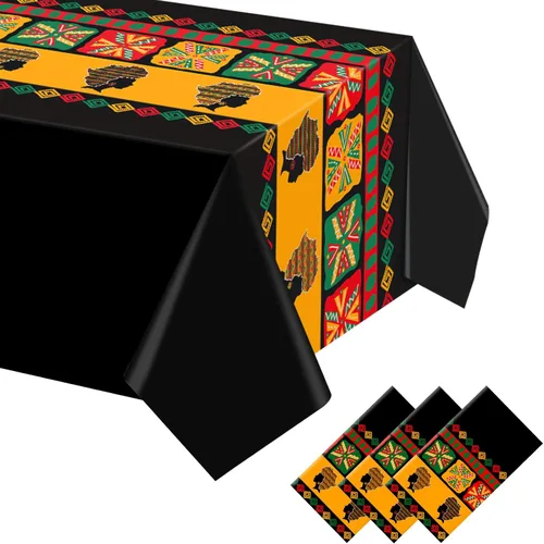 Miniatura 7 de Kinlop 3 manteles Kente de 108 x 51 pulgadas, manteles desechables de plástico para la independencia afroamericana, celebrar la libertad, historia