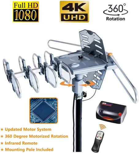 Miniatura 2 de Antena de TV digital de 150 millas para exteriores, rotación de 360 grados, antena HDTV amplificada, compatible con 2 televisores UHF/VHF/1080P/4K