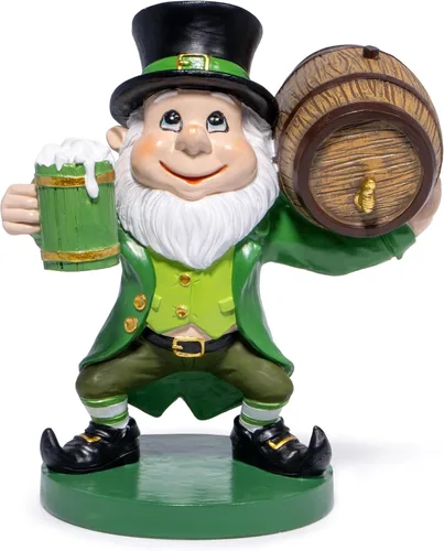 Hodao Figura de gnomo del día de San Patricio, decoración festiva irlandesa, escultura de resina con maceta de oro, 5.2 pulgadas de alto (barril de
