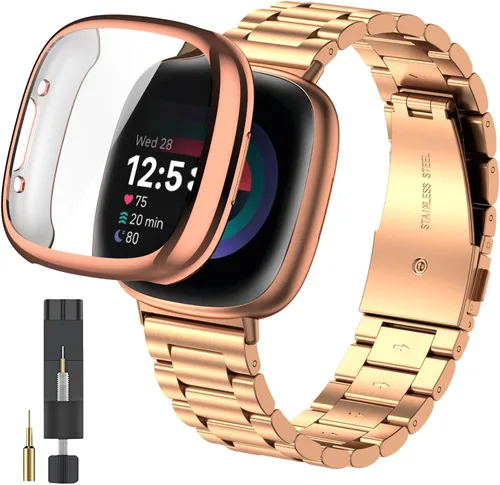 Miniatura 10 de ZPJPPLX para Fitbit Versa 4/Sense 2, Correa de Muñeca de Acero Inoxidable Sólido con Funda de Reloj, para Versa 3/Sense Correas de Repuesto de Metal