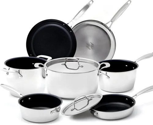 Nuwave Juego de utensilios de cocina Pro-Smart de acero inoxidable de 9 piezas, construcción resistente de tres capas, asas ergonómicas que se