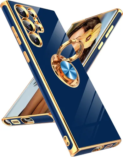 Miniatura 123 de LeYi Funda para Samsung Galaxy S22 Ultra con soporte de anillo giratorio de 360°, soporte magnético, chapado en oro rosa, borde protector para Negro
