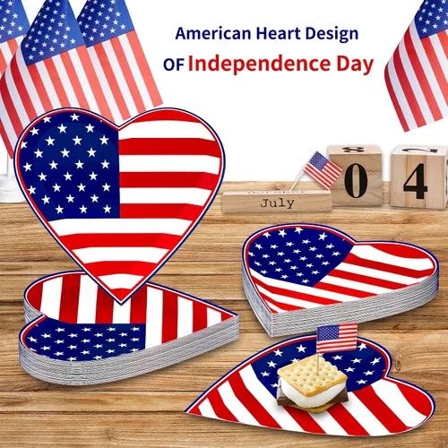 Miniatura 3 de BFUN Platos de fiesta del 4 de julio, 50 platos a granel del Día de la Independencia con forma de corazón patriótico para fiesta del 4 de julio, día