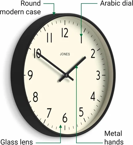 Miniatura 5 de JONES CLOCKS® Reloj de pared de estudio Estilo redondo moderno 12 pulgadas Negro Números fáciles de leer Diseño versátil para cocina, sala
