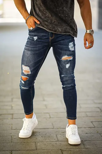 Miniatura 3 de GINGTTO - Jeans rasgados, elásticos y ajustados para hombre