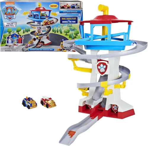 Paw Patrol Adventure Bay Lookout Tower Playset con 2 vehículos de metal fundido a escala 1:55 (Chase y Marshall): Twin Track Rescue Way, set de 25