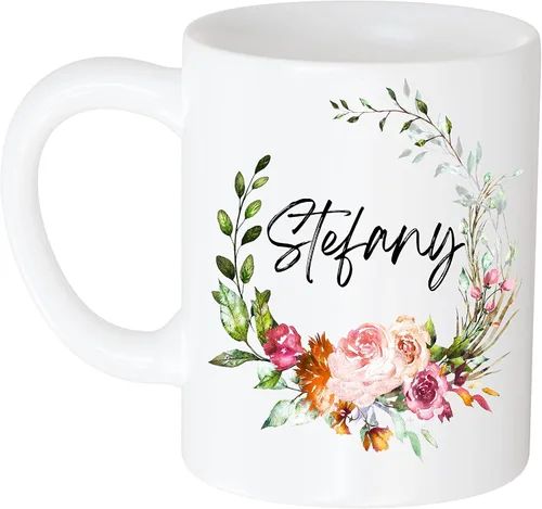 Taza de café divertida personalizada – Regalo para mujeres, nombre personalizado Stefany Flower y nombre 11oz taza blanca 827369