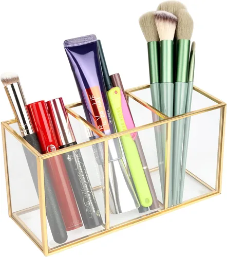 Miniatura 7 de ELEGANTLIFE Organizador de brochas de maquillaje de vidrio transparente, lujoso soporte de almacenamiento de cepillos de cosméticos de vidrio Negro