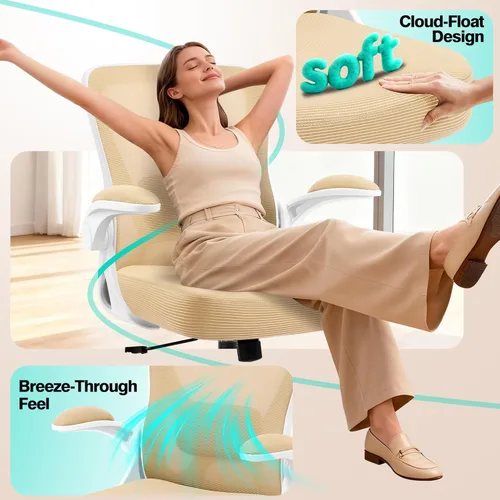 Miniatura 6 de AreShark Silla de oficina – Silla de escritorio ergonómica de malla transpirable con soporte lumbar ajustable y reposabrazos abatibles – Silla Caqui