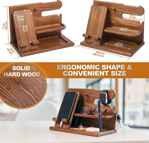 Miniatura 5 de TESLYAR Estación de acoplamiento de teléfono de madera con soporte para llaves de ceniza soporte para cartera organizador de relojes para hombres