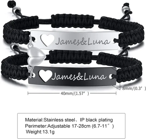 Miniatura 6 de XUANPAI - Pulseras personalizadas hechas a mano con cuerda trenzada y placa de identificación para parejas, para mujeres, hombres, amistad, etc