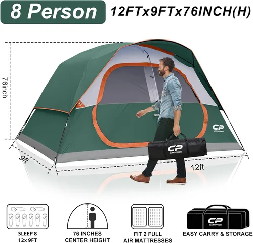 Miniatura 2 de CAMPROS CP Upgraded 6/8 Person Camping Tents, Waterproof Windproof Family Tent with Larger Mesh Windows & Door, Double Layer, Easy Set Up, Verde