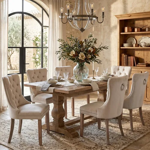 Miniatura 16 de SoarFlash Juego de 2 sillas de comedor de tela de lino, sillas de comedor tapizadas con ribete de cabeza de clavo y patas de madera de color claro