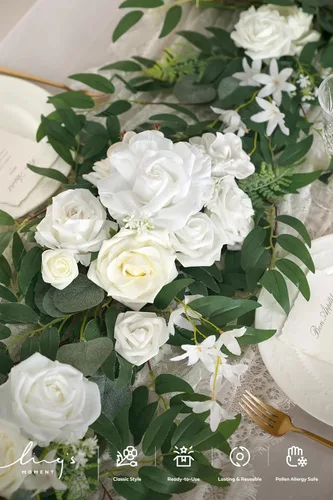Miniatura 3 de Ling's Moment Guirnalda de Flores - Eucalipto y Rosa de 6 Pies - Decoración de Mesa de Novios para Recepción de Boda, Guirnalda Floral Artificial