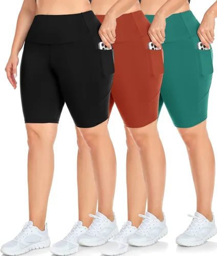 Miniatura 8 de NEW YOUNG Paquete de 3 pantalones cortos de ciclismo de talla grande con bolsillos para mujer, pantalones cortos de entrenamiento de cintura alta