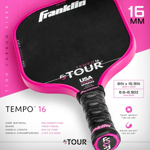 Miniatura 2 de Juego de pala de pickleball profesional Franklin Sports - Pala de fibra de carbono serie FS Tour, cubierta + borrador - 14mm + 16mm Rosado