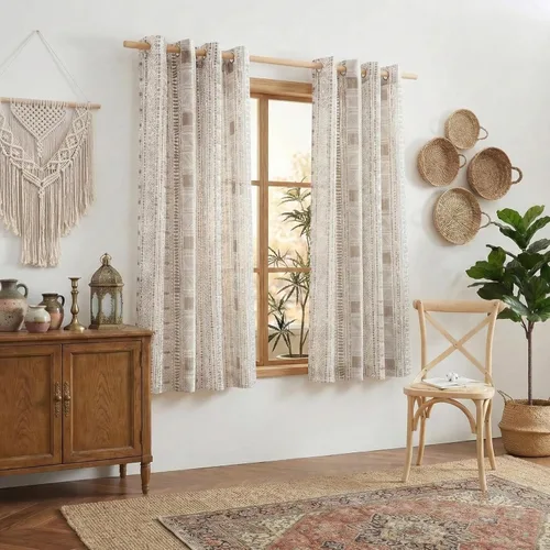 Miniatura 41 de NICETOWN Cortinas bohemias de lino transparente para sala de estar, cortinas semitransparentes de granja con patrón de rayas bohemias, cortinas Gris